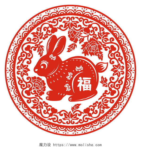 兔年兔子剪纸风窗花插画兔年新年兔子
